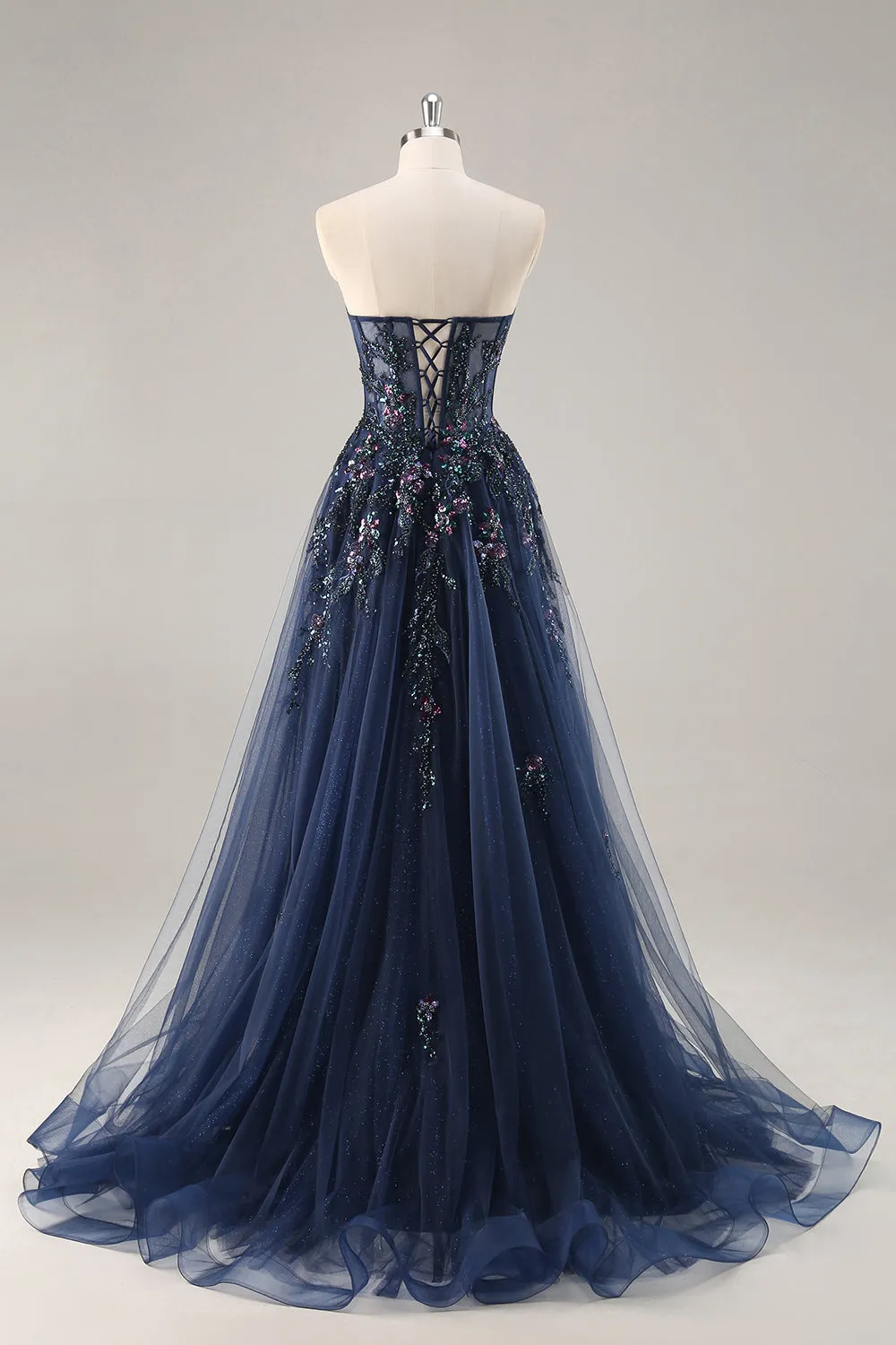 Navy A Line Strapless Sequins Tulle Corset Long Prom Dress With Slit sold by Zapaka product image thumbnail 2