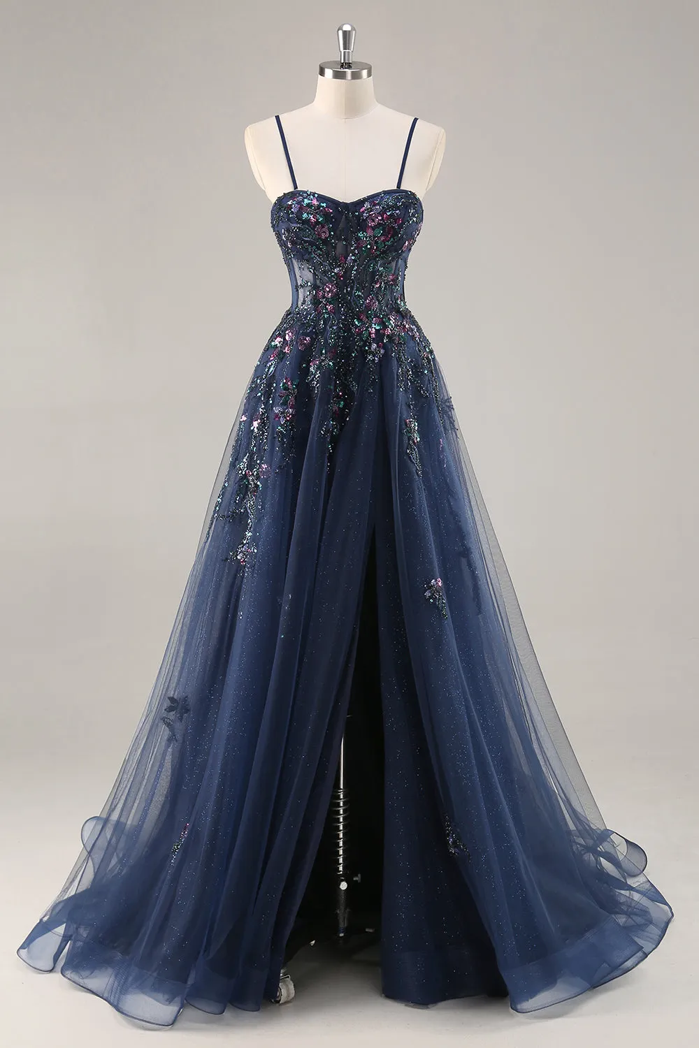 Navy A Line Strapless Sequins Tulle Corset Long Prom Dress With Slit sold by Zapaka product image thumbnail 3