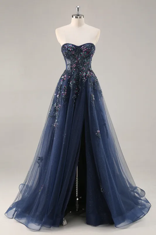Navy A Line Strapless Sequins Tulle Corset Long Prom Dress With Slit sold by Zapaka