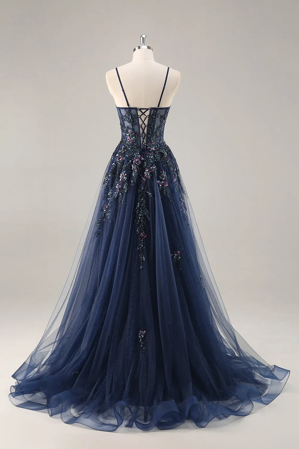 Navy A Line Strapless Sequins Tulle Corset Long Prom Dress With Slit sold by Zapaka product image thumbnail 5
