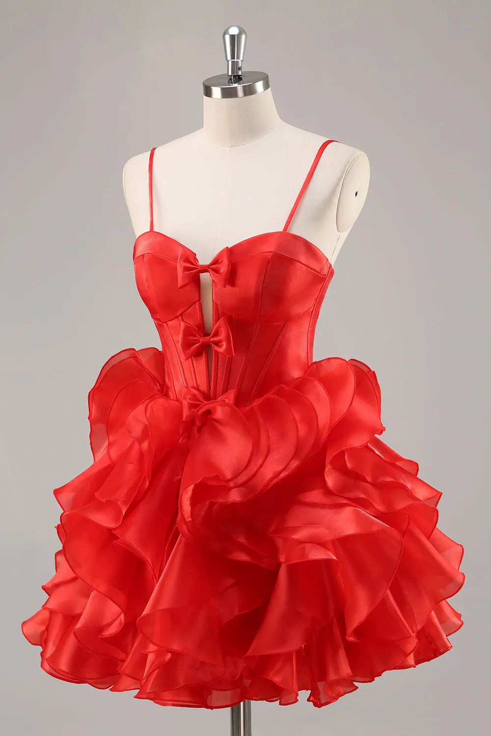 Red A Line Corset Keyhole Ruffled Short Homecoming Dress With Bows sold by Zapaka product image thumbnail 3