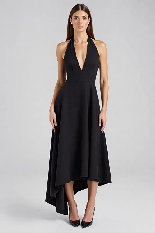 A Line Halter Sleeveless Long Black Tie Dress made by Zapaka