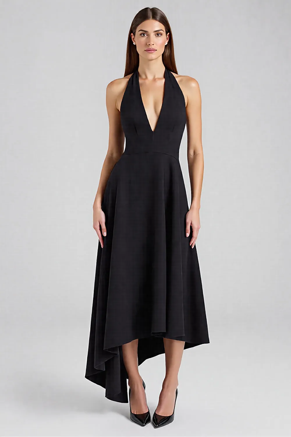 A Line Halter Sleeveless Long Black Tie Dress sold by Zapaka