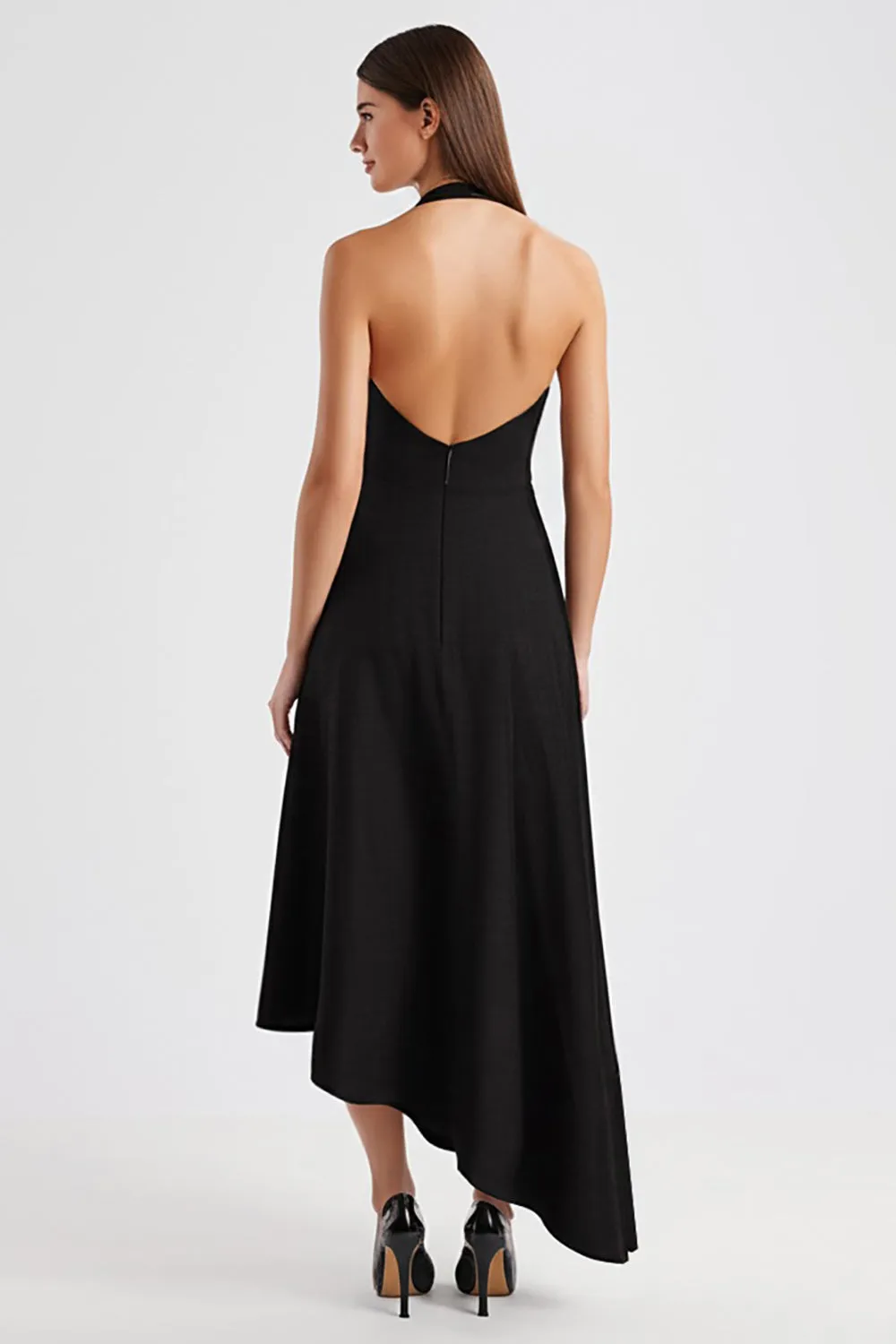 A Line Halter Sleeveless Long Black Tie Dress sold by Zapaka product image thumbnail 2