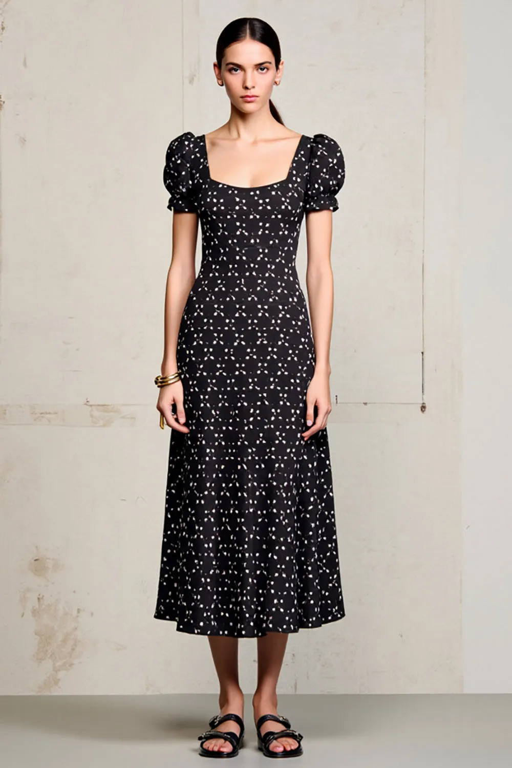 Black Printed A Line Wedding Guest Dress With Puff Sleeves sold by Zapaka