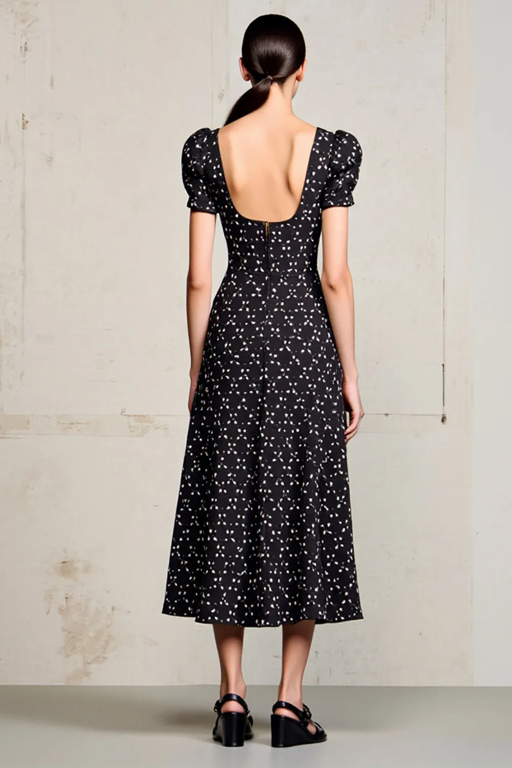 Black Printed A Line Wedding Guest Dress With Puff Sleeves sold by Zapaka product image thumbnail 2