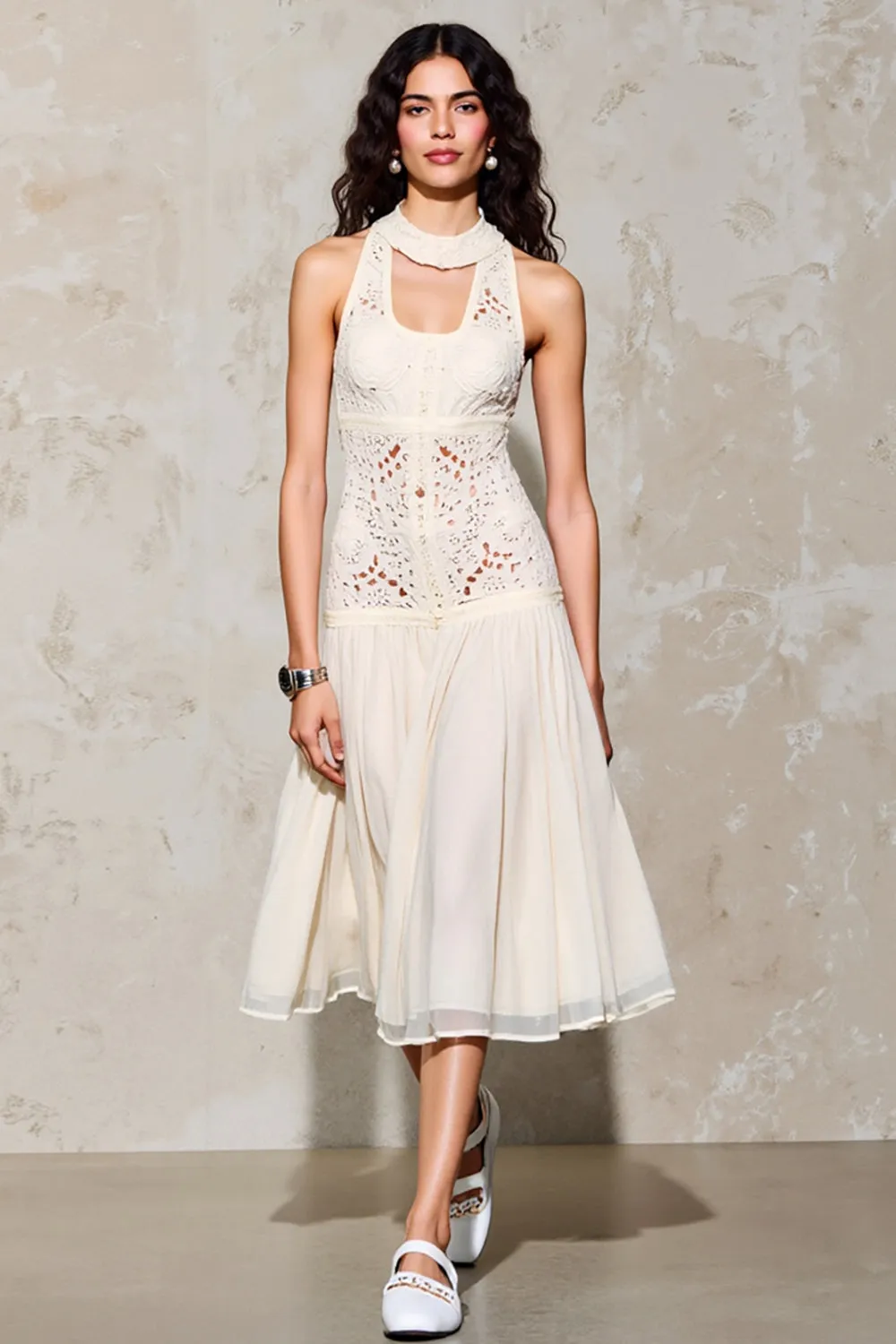 Ivory Lace A Line Cut Out Wedding Guest Dress sold by Zapaka