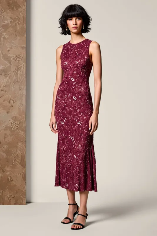 Red Round Neck Sheath Tea Length Wedding Guest Dress sold by Zapaka