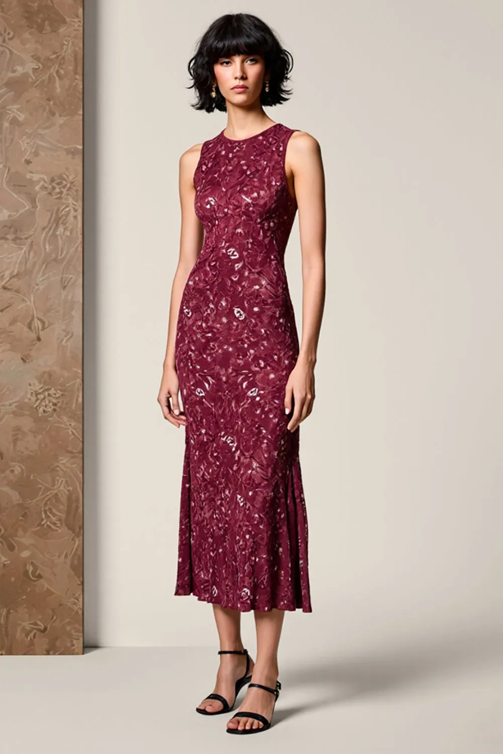 Red Round Neck Sheath Tea Length Wedding Guest Dress sold by Zapaka