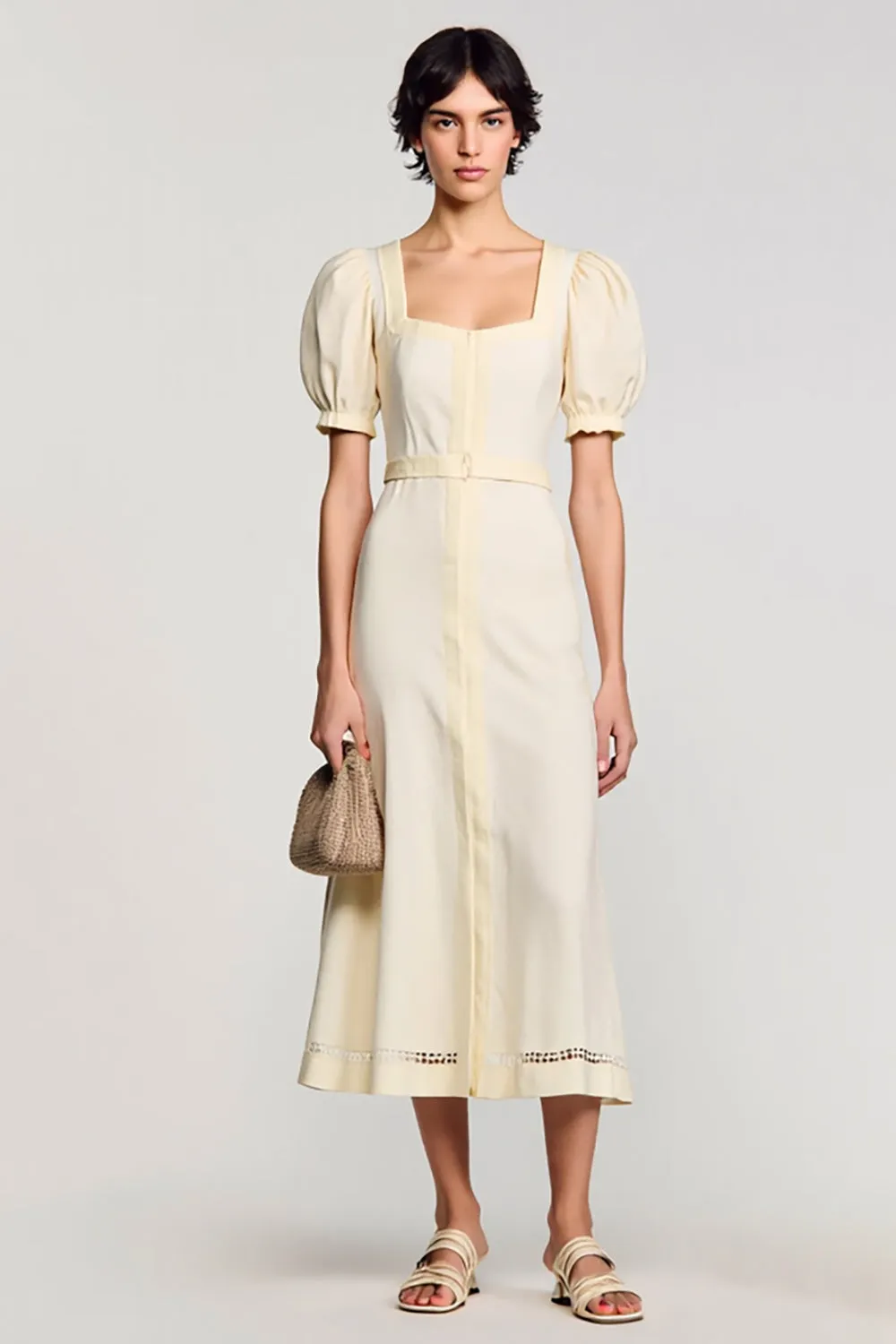 Apricot A Line Puff Sleeve Wedding Guest Dress sold by Zapaka