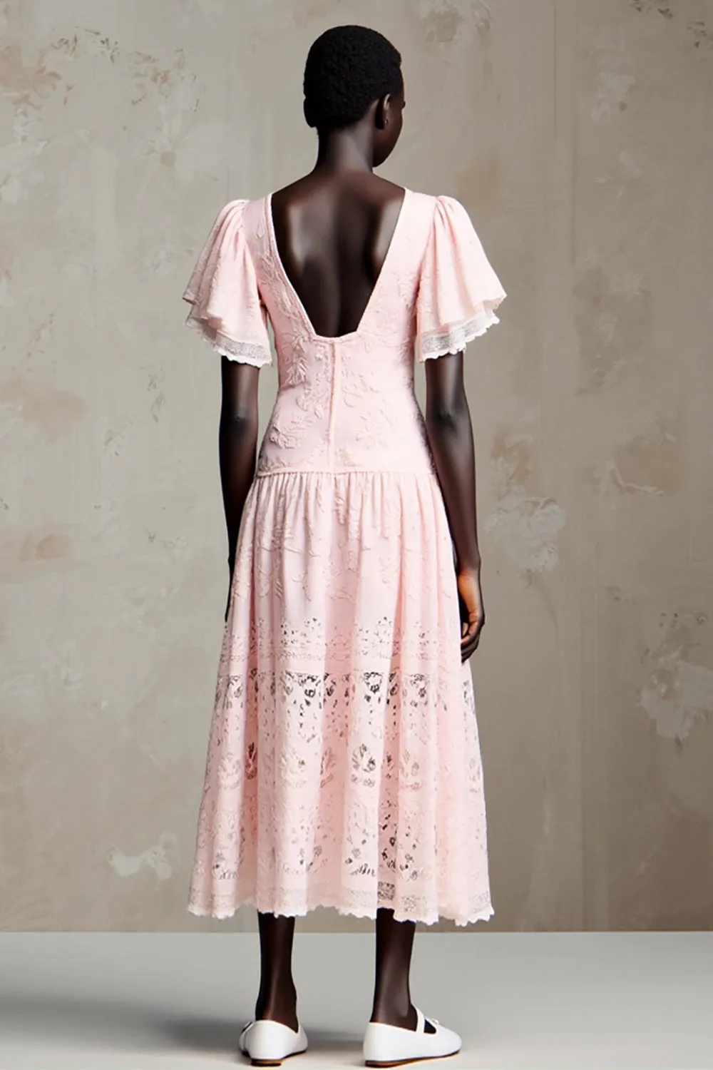 Pink Lace Square Neck A Line Ruffled Wedding Guest Dress sold by Zapaka product image thumbnail 2