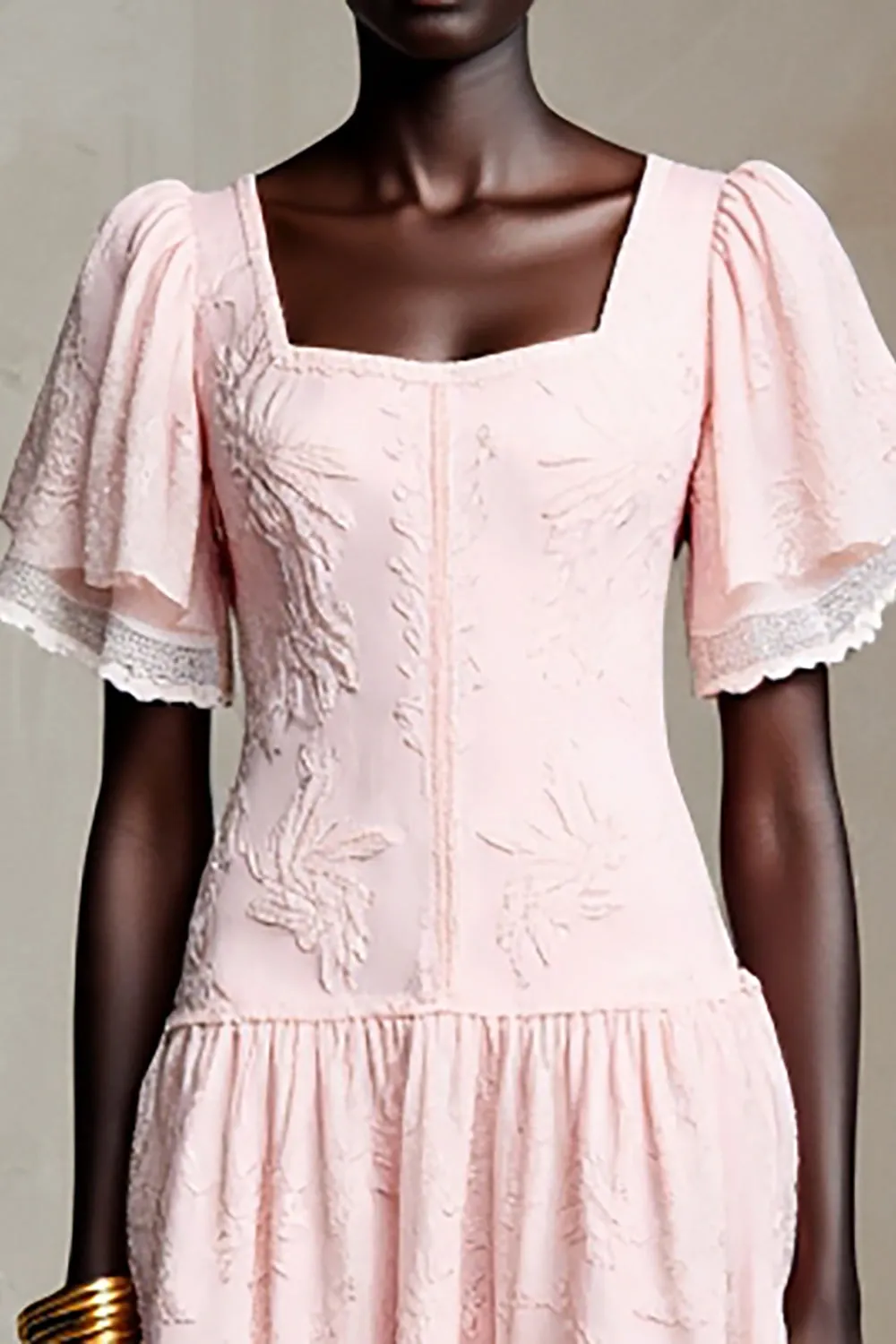 Pink Lace Square Neck A Line Ruffled Wedding Guest Dress sold by Zapaka product image thumbnail 3