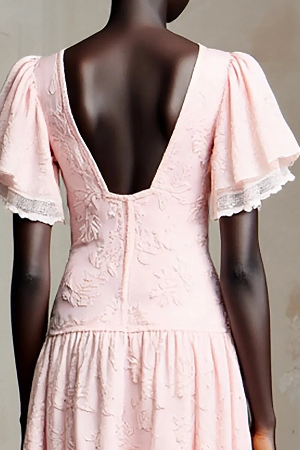 Pink Lace Square Neck A Line Ruffled Wedding Guest Dress sold by Zapaka product image thumbnail 4