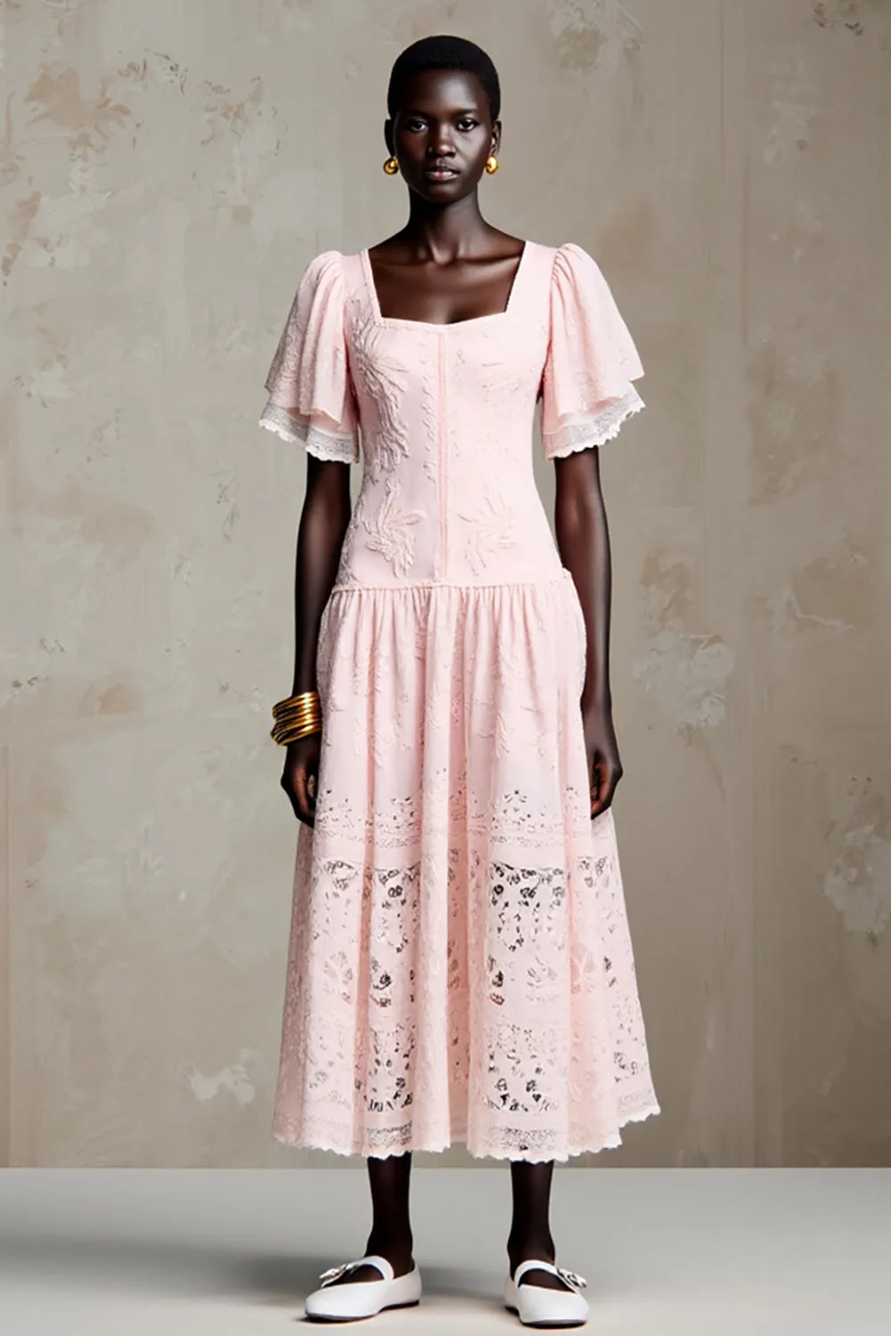 Pink Lace Square Neck A Line Ruffled Wedding Guest Dress sold by Zapaka