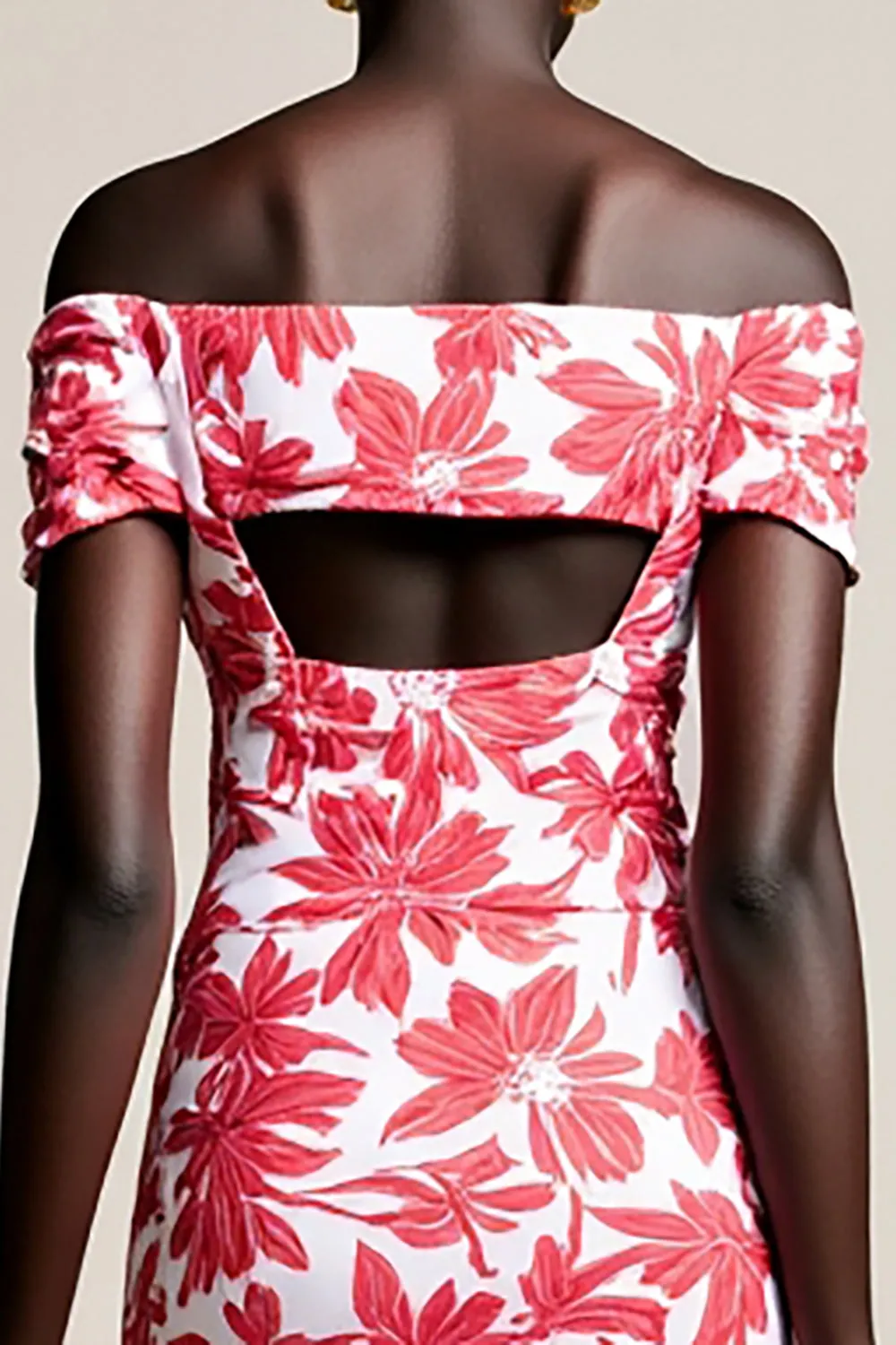 Red Floral Off The Shoulder Bodycon Wedding Guest Dress With Slit sold by Zapaka product image thumbnail 4