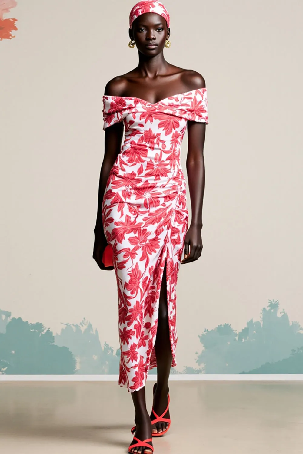 Red Floral Off The Shoulder Bodycon Wedding Guest Dress With Slit sold by Zapaka