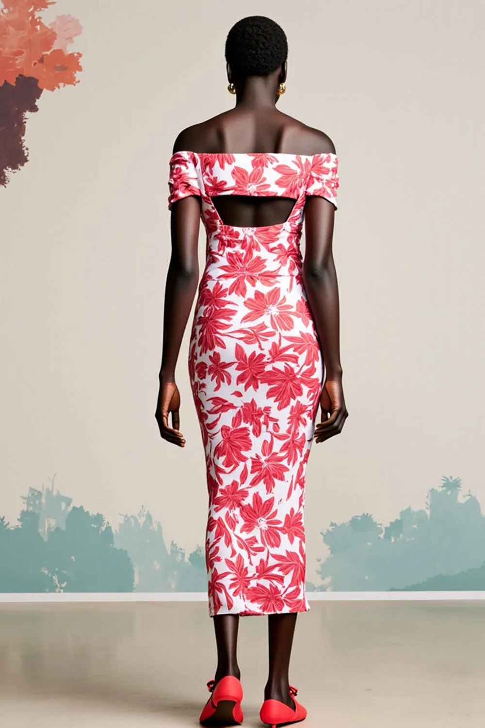 Red Floral Off The Shoulder Bodycon Wedding Guest Dress With Slit sold by Zapaka product image thumbnail 2