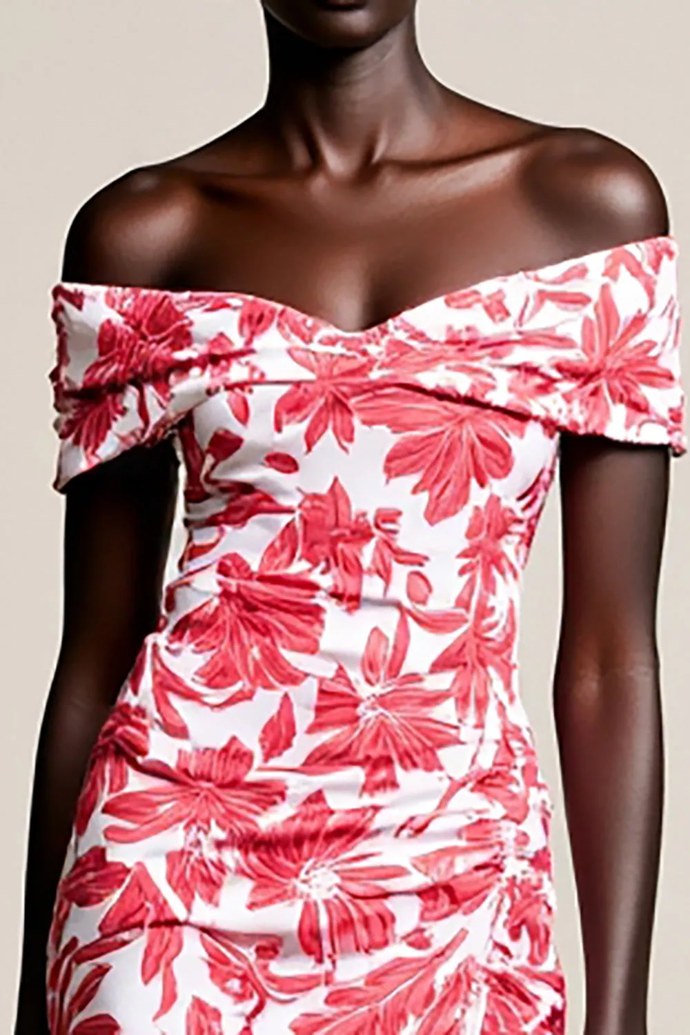 Red Floral Off The Shoulder Bodycon Wedding Guest Dress With Slit sold by Zapaka product image thumbnail 3