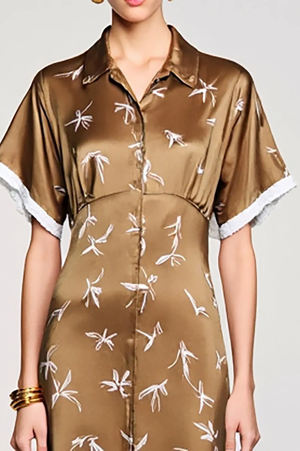 Coffee Satin Polo Collar Printed Wedding Guest Dress sold by Zapaka product image thumbnail 3