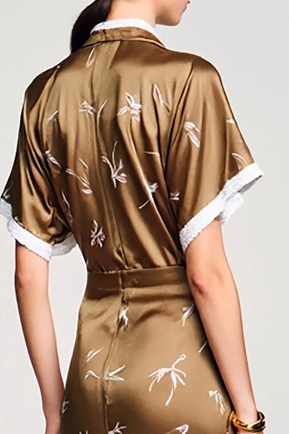 Coffee Satin Polo Collar Printed Wedding Guest Dress sold by Zapaka product image thumbnail 4