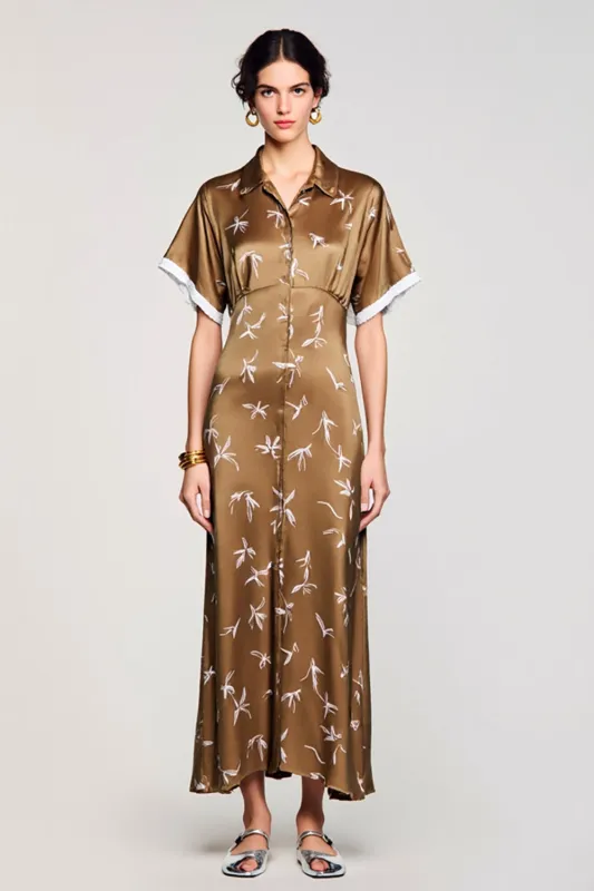 Coffee Satin Polo Collar Printed Wedding Guest Dress sold by Zapaka