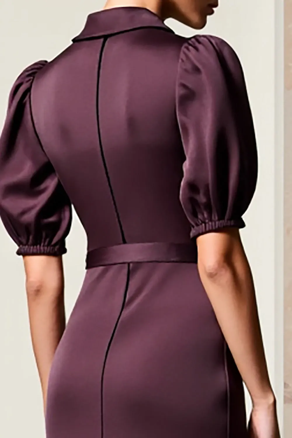 Dark Red Sheath Satin Puff Sleeve Wedding Guest Dress sold by Zapaka product image thumbnail 4