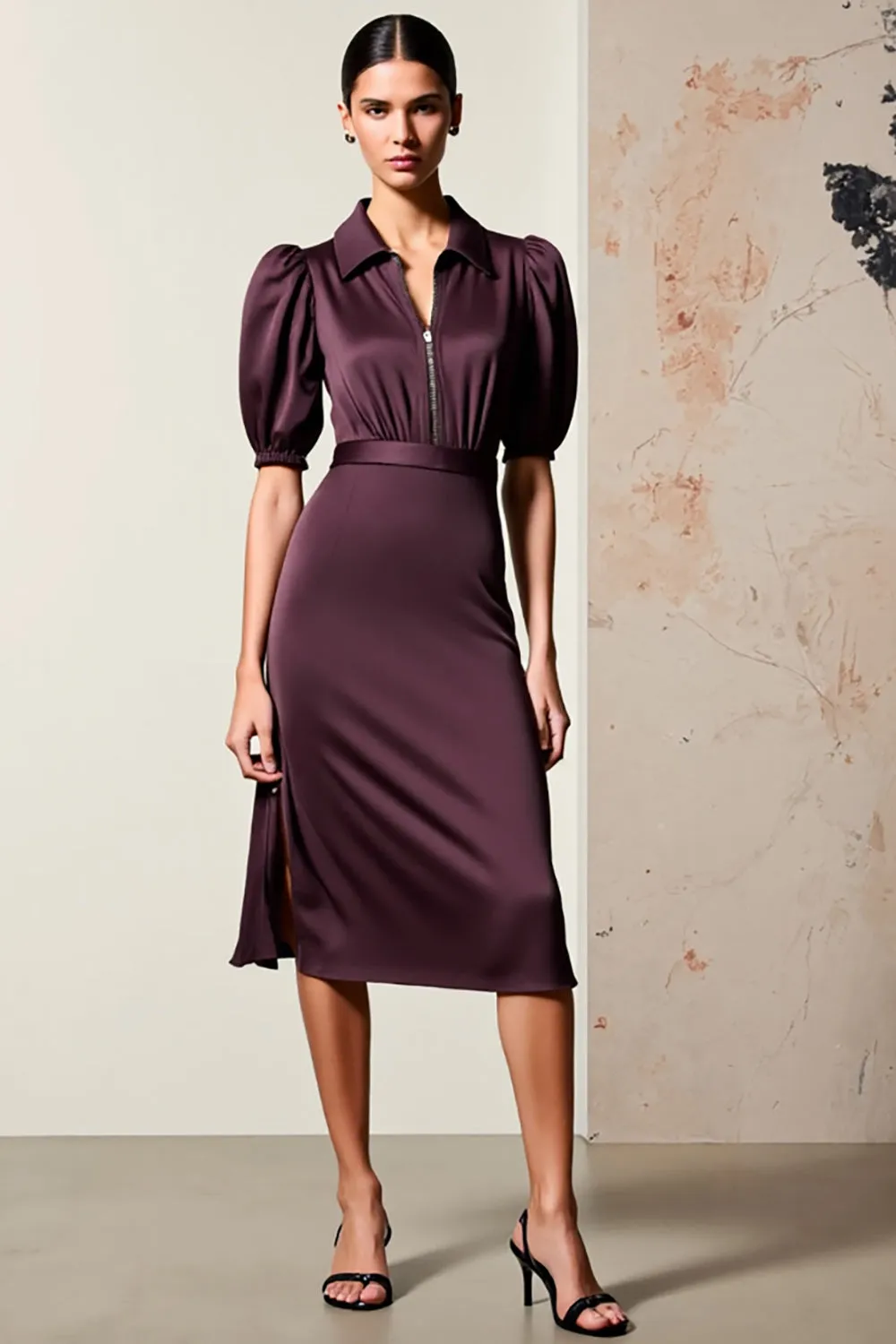 Dark Red Sheath Satin Puff Sleeve Wedding Guest Dress sold by Zapaka