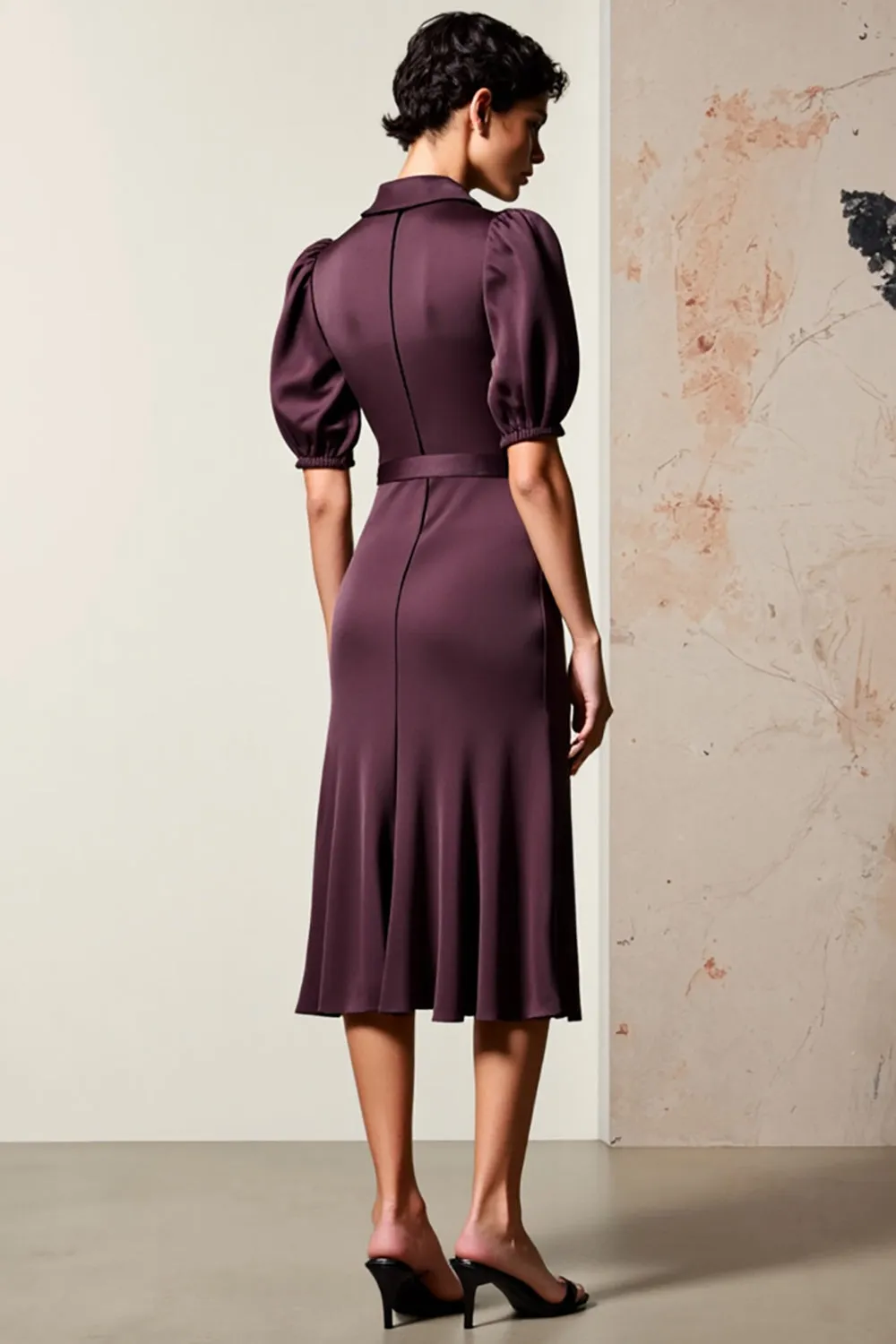 Dark Red Sheath Satin Puff Sleeve Wedding Guest Dress sold by Zapaka product image thumbnail 2