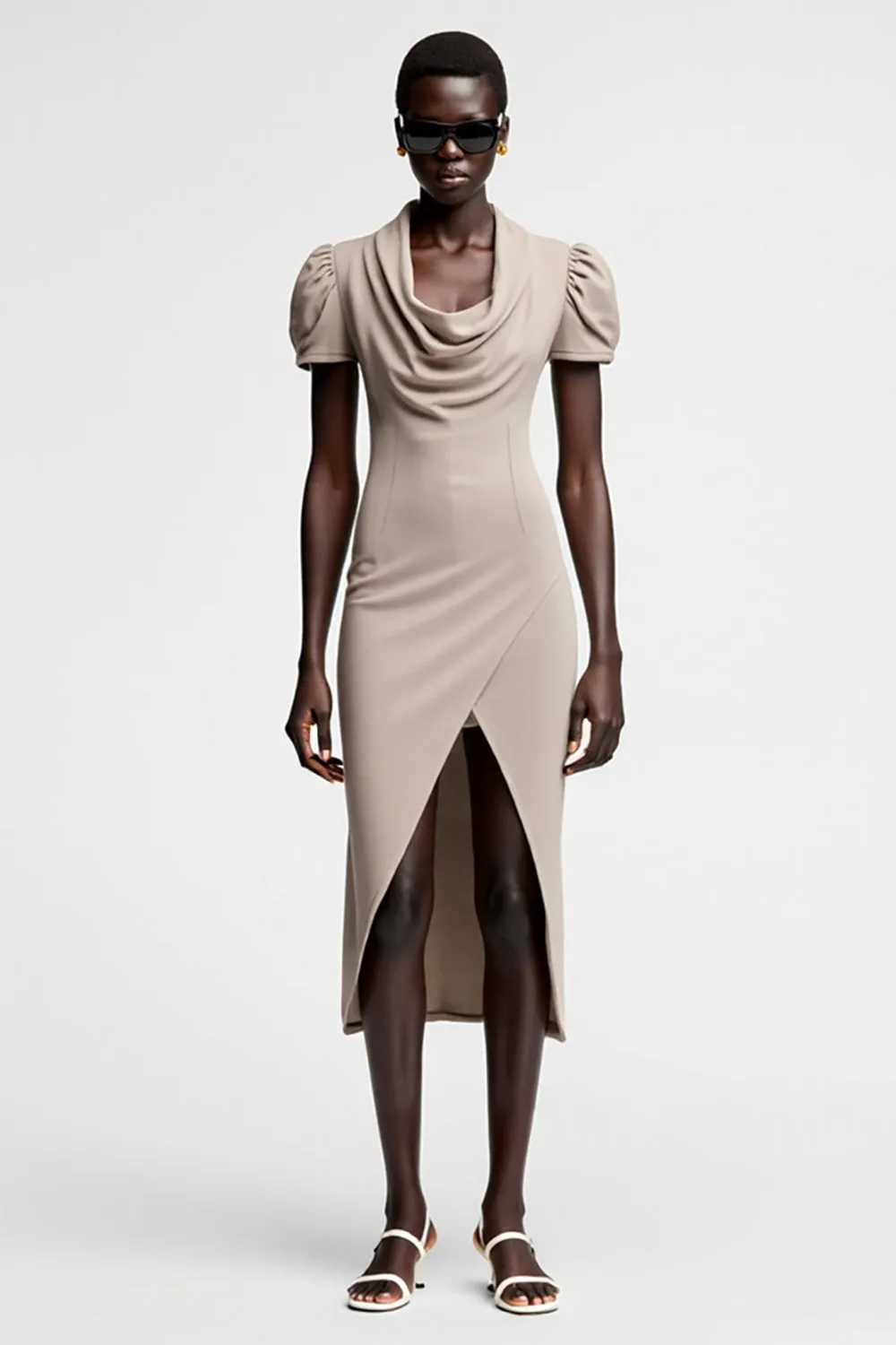 Grey Sheath Cowl Neck Wedding Guest Dress With Slit sold by Zapaka