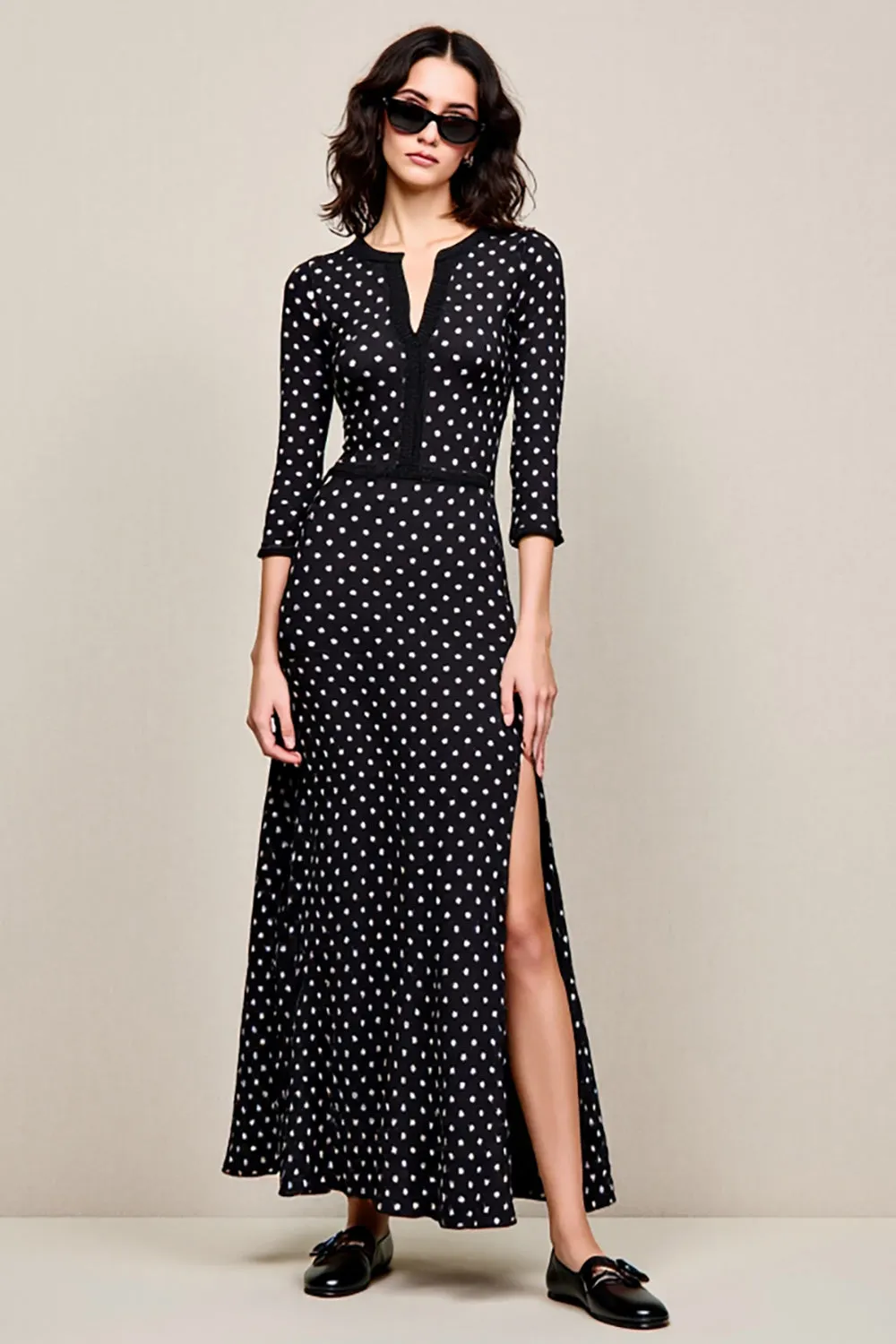 Black Polka Dots A Line Wedding Guest Dress with Slit sold by Zapaka