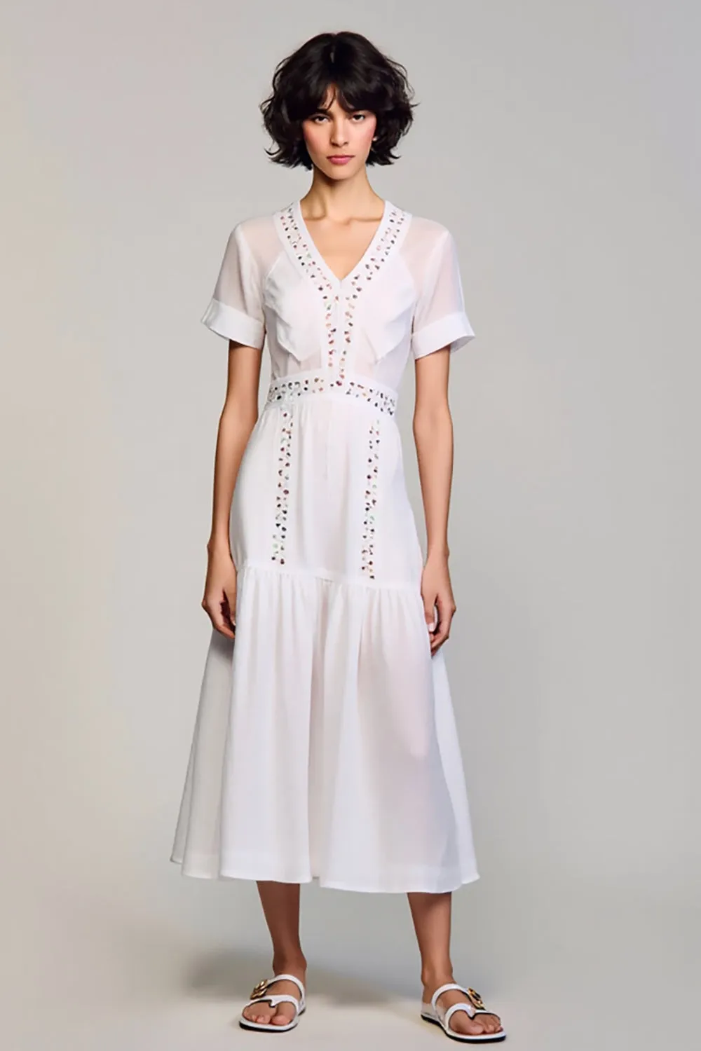 White A Line V-Neck Wedding Guest Dress sold by Zapaka