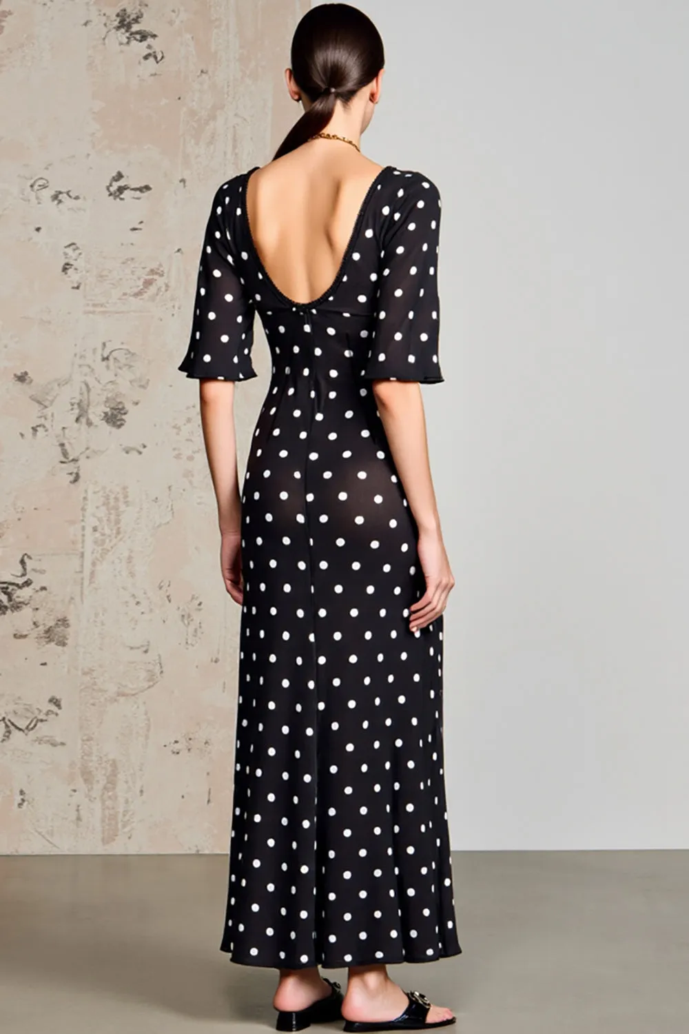 Black Polka Dots A Line Long Wedding Guest Dress sold by Zapaka product image thumbnail 2