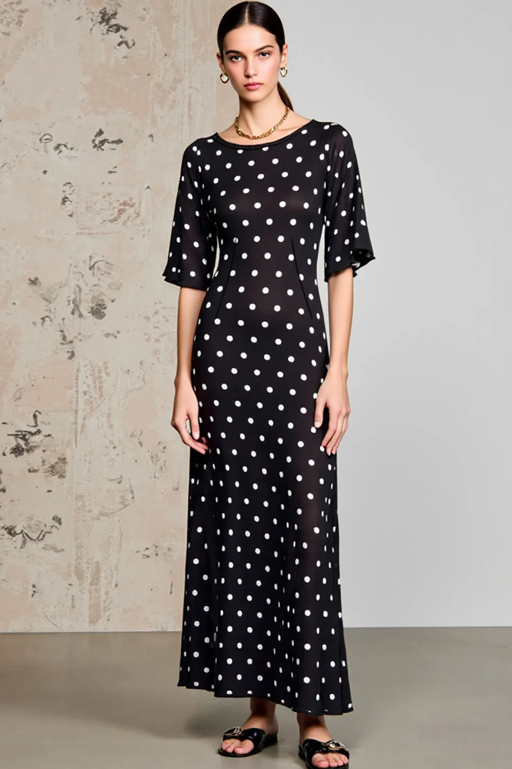Black Polka Dots A Line Long Wedding Guest Dress sold by Zapaka