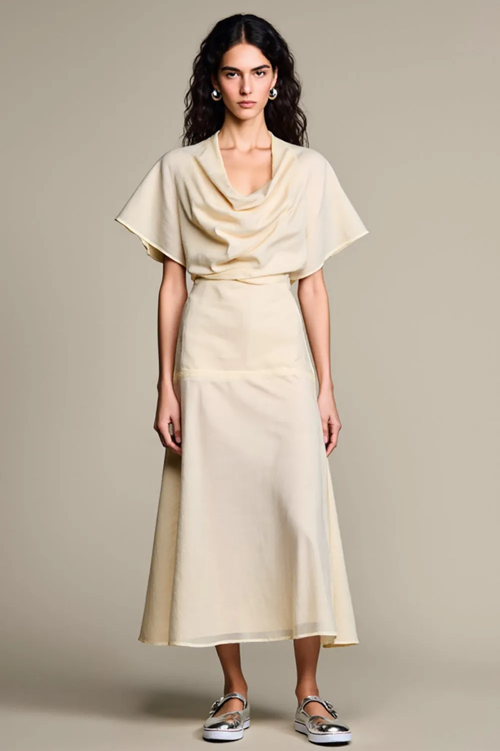 Ivory Cowl Neck A Line Wedding Guest Dress sold by Zapaka