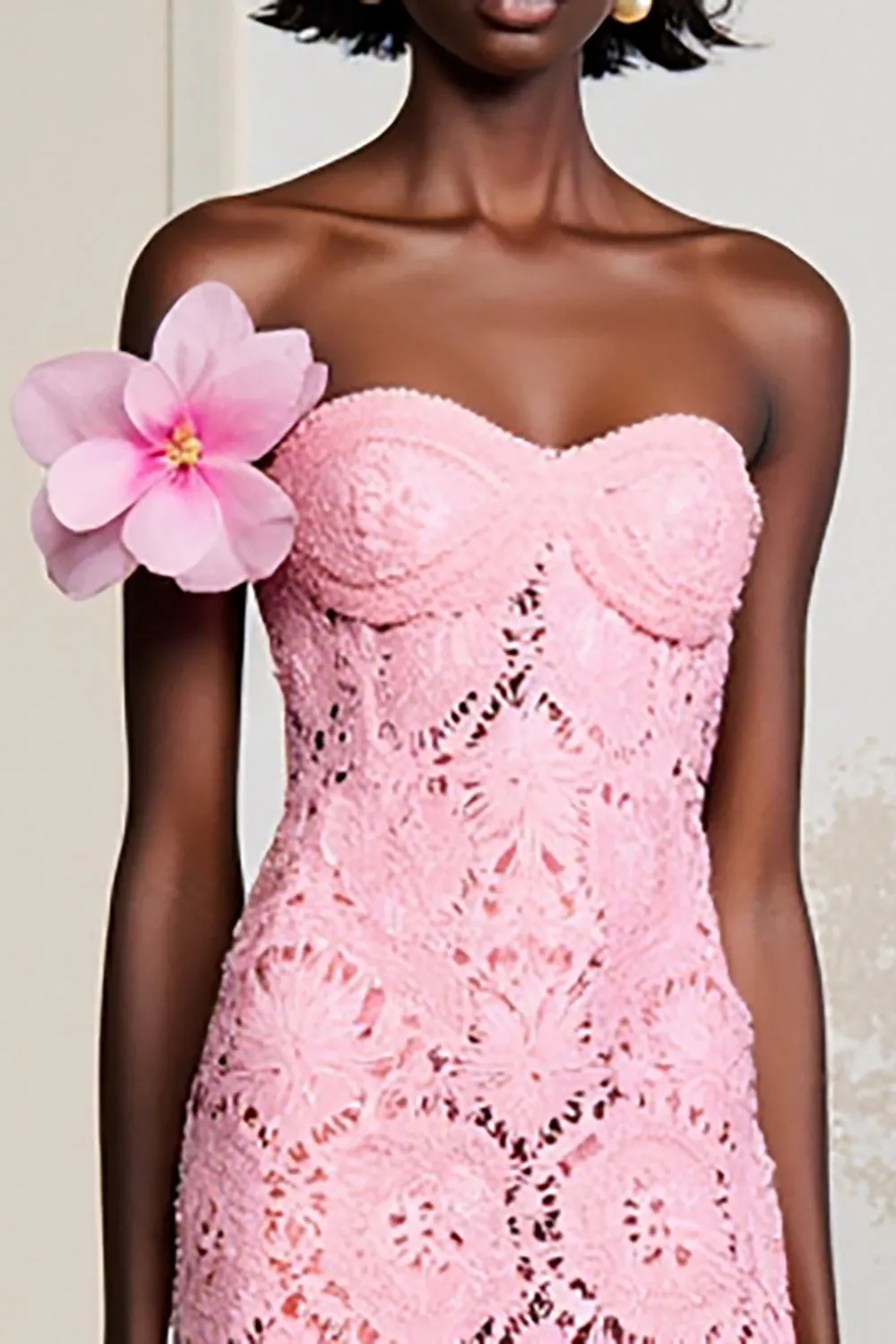 Strapless Pink Lace A Line Wedding Guest Dress sold by Zapaka product image thumbnail 3