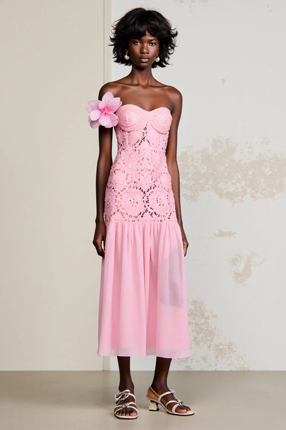 Strapless Pink Lace A Line Wedding Guest Dress sold by Zapaka