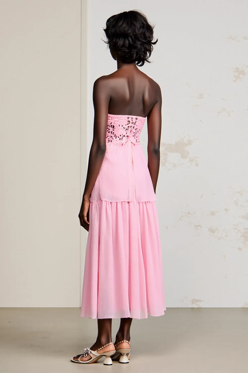 Strapless Pink Lace A Line Wedding Guest Dress sold by Zapaka product image thumbnail 2