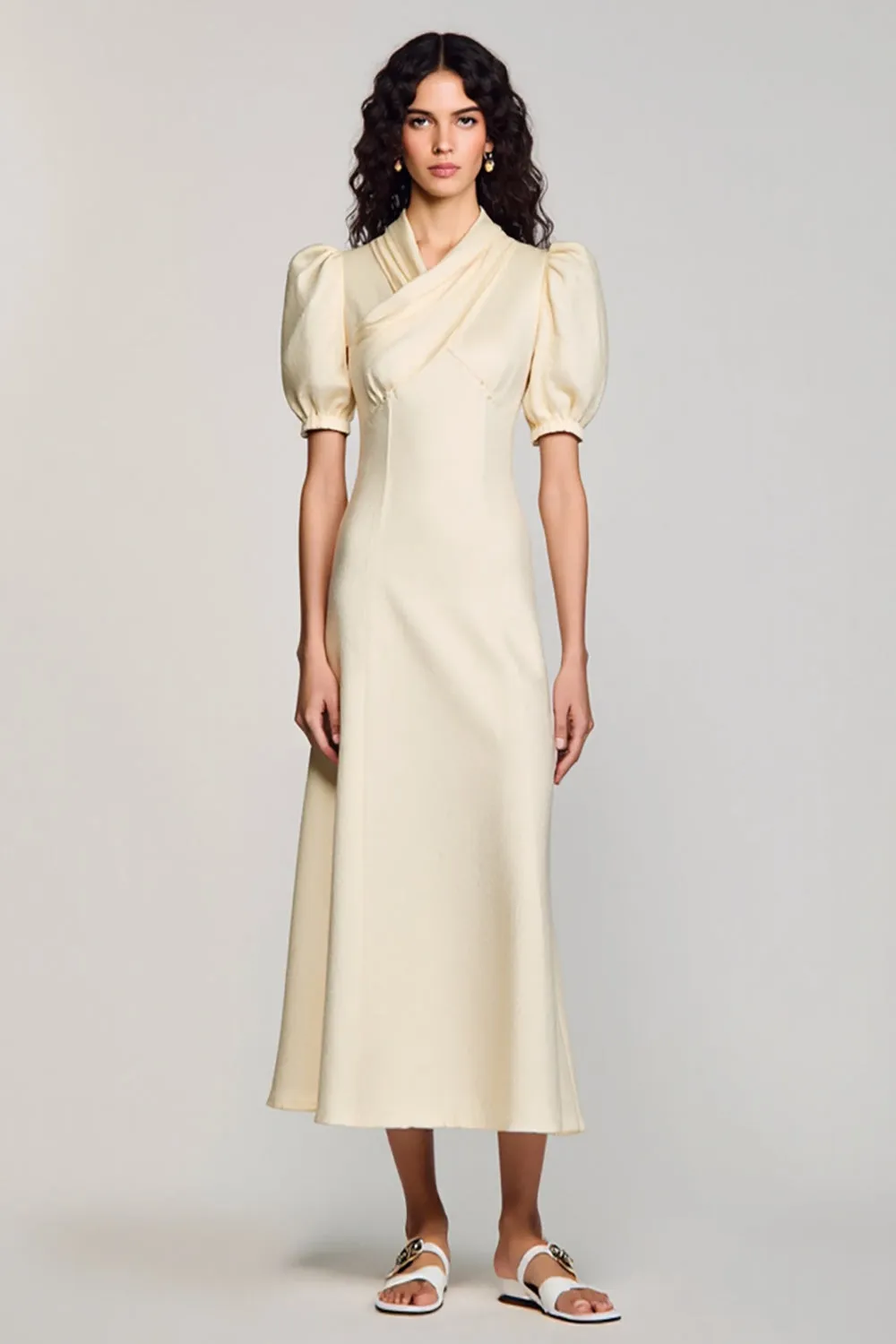 Ivory A Line Tea Length Wedding Guest Dress With Puff Sleeves sold by Zapaka