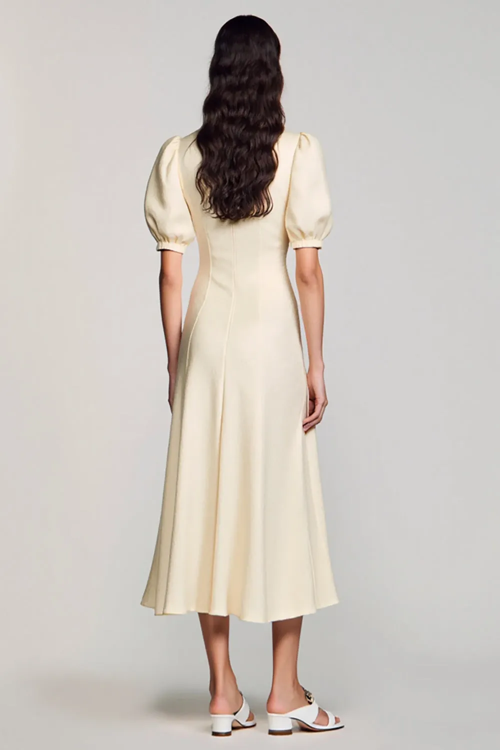 Ivory A Line Tea Length Wedding Guest Dress With Puff Sleeves sold by Zapaka product image thumbnail 2