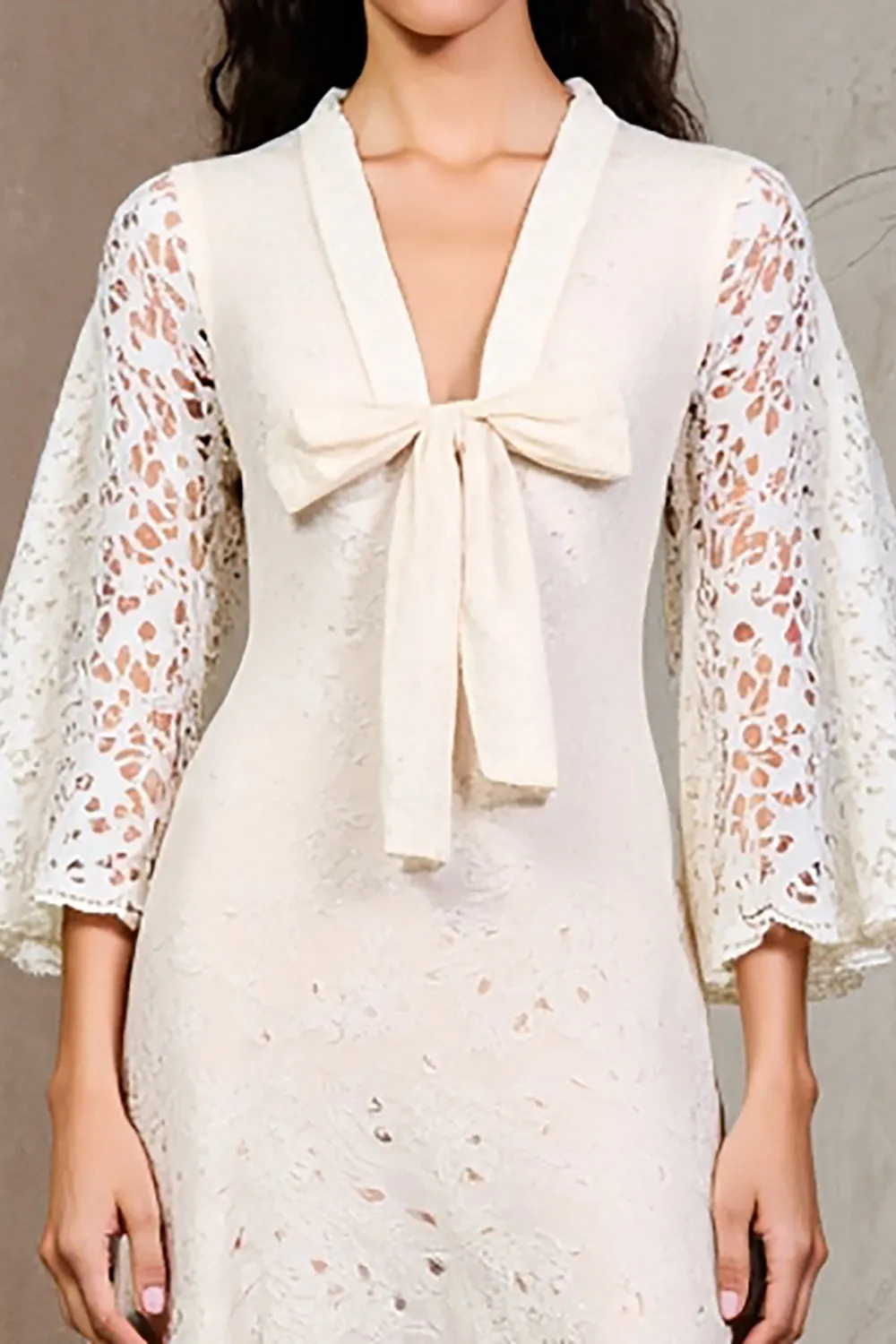 Ivory Lace A Line V-Neck Wedding Guest Dress sold by Zapaka product image thumbnail 3