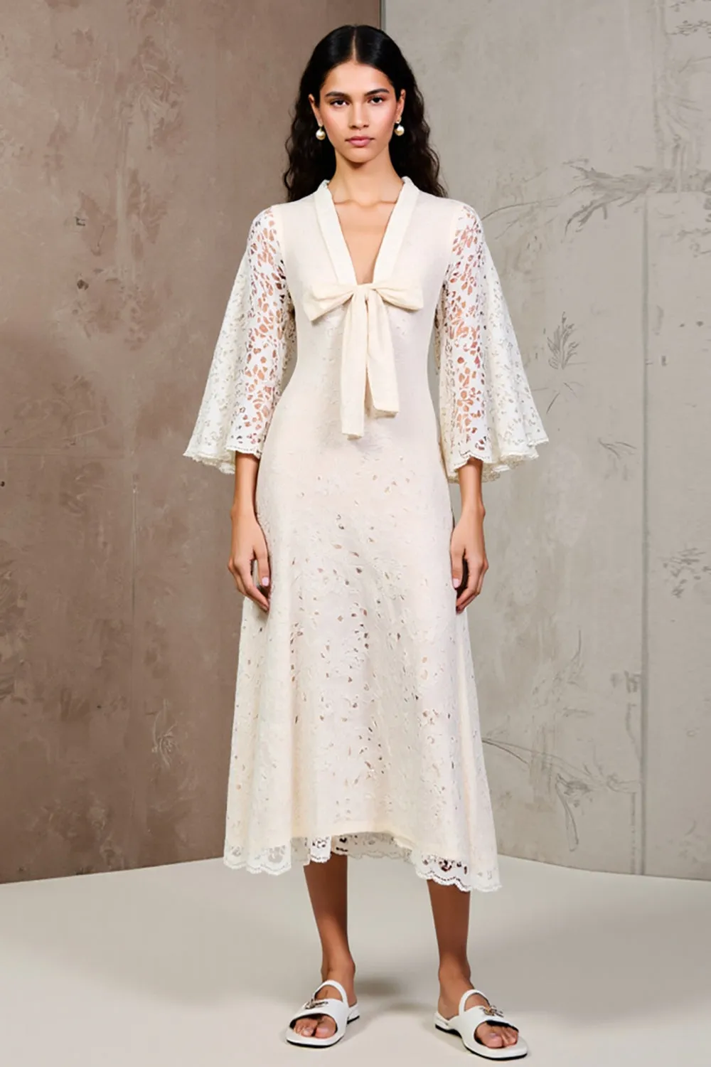 Ivory Lace A Line V-Neck Wedding Guest Dress sold by Zapaka