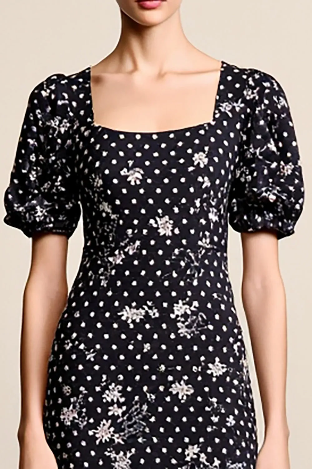Black Polka Dots Floral Square Neck A Line Wedding Guest Dress sold by Zapaka product image thumbnail 3