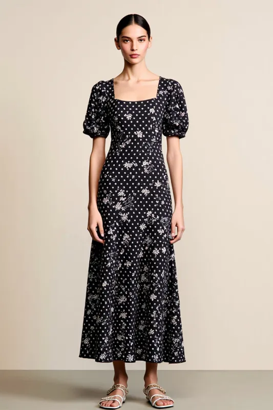 Black Polka Dots Floral Square Neck A Line Wedding Guest Dress sold by Zapaka