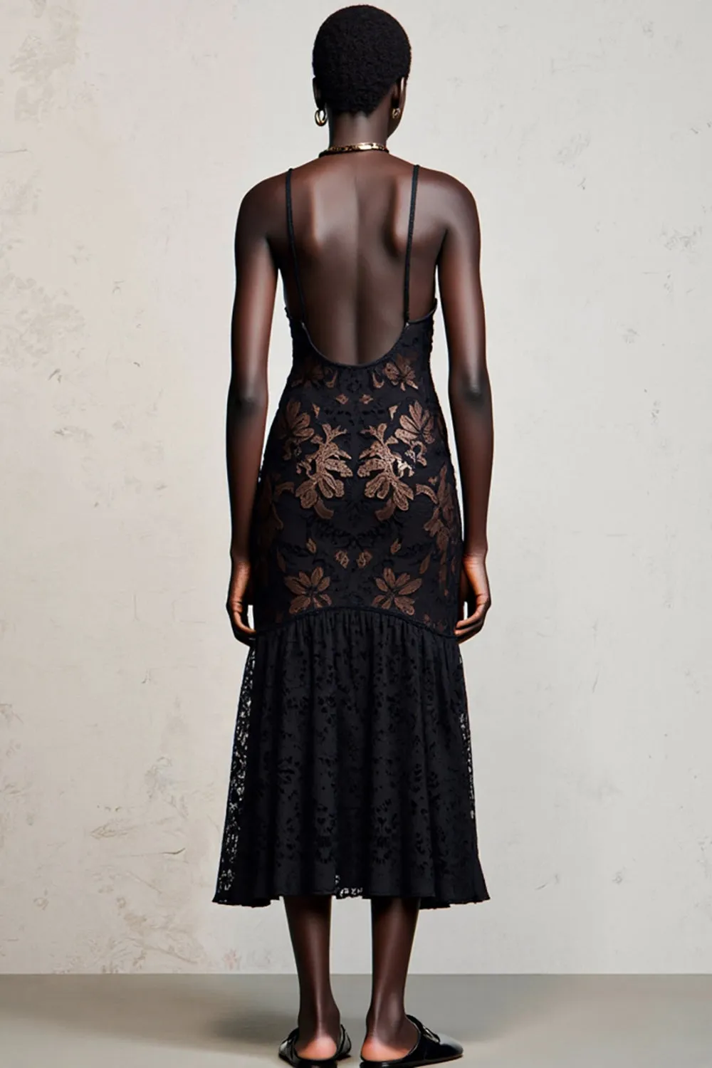 Black Spaghetti Straps Floral A Line Wedding Guest Dress sold by Zapaka product image thumbnail 2