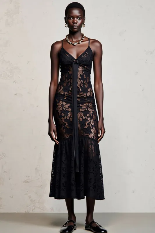 Black Spaghetti Straps Floral A Line Wedding Guest Dress sold by Zapaka