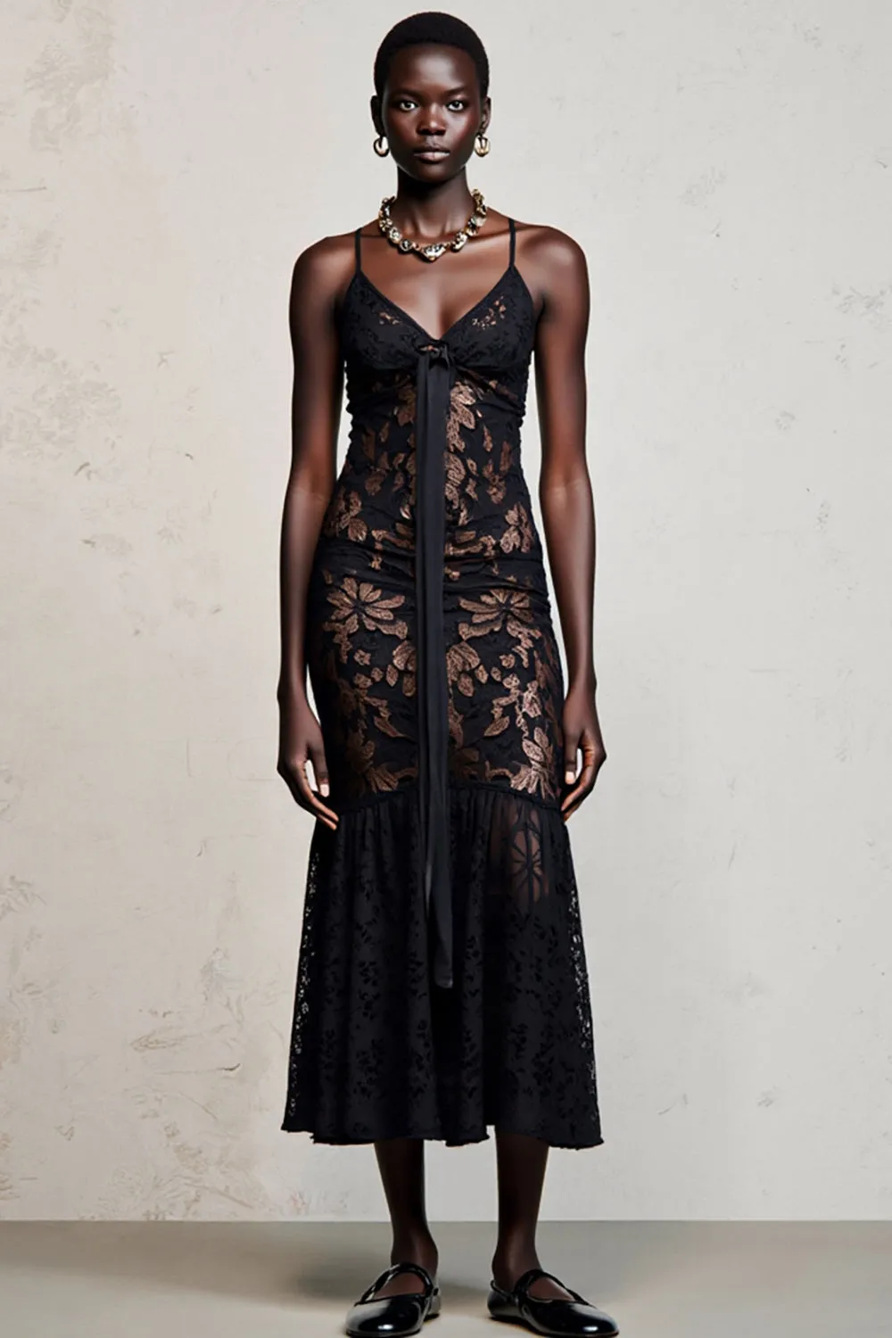 Black Spaghetti Straps Floral A Line Wedding Guest Dress sold by Zapaka