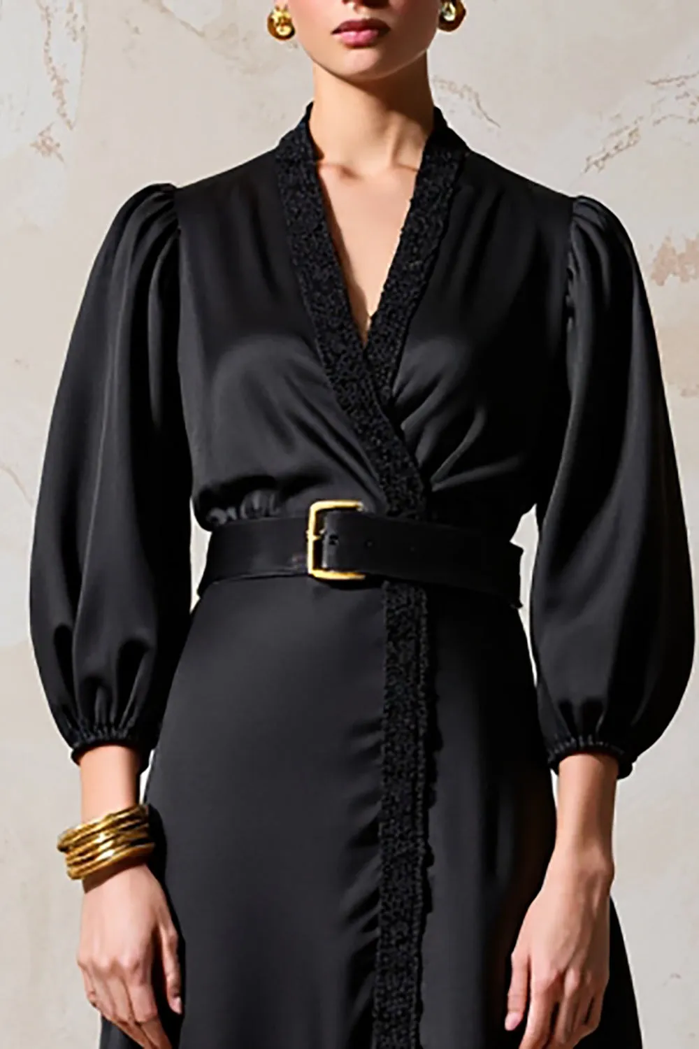 Black V Neck A Line Wedding Guest Dress With Belt sold by Zapaka product image thumbnail 3