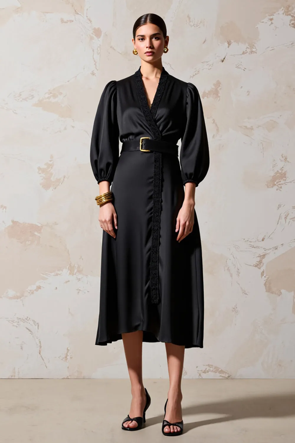 Black V Neck A Line Wedding Guest Dress With Belt sold by Zapaka