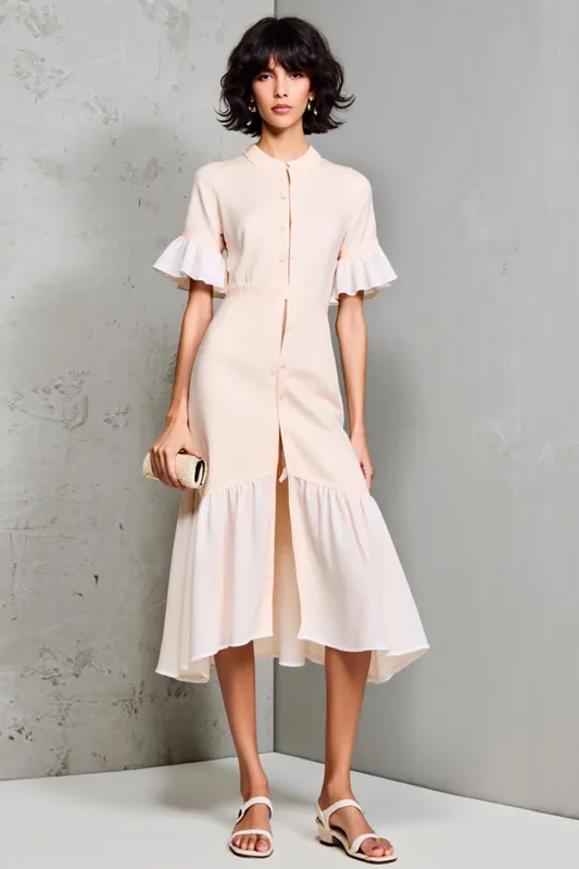 Ivory Ruffled Sleeve A Line Midi Wedding Guest Dress sold by Zapaka