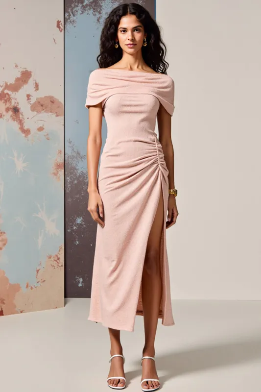 Pink Sheath Off The Shoulder Ruched Wedding Guest Dress With Slit sold by Zapaka